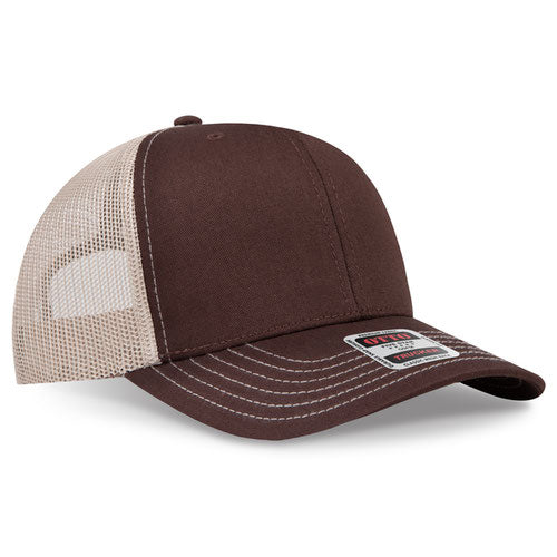 Brown crown and visor with khaki mesh back trucker hat on a solid white background.