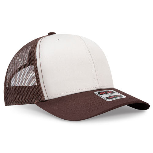 Brown and natural mesh trucker hat on a solid white background.