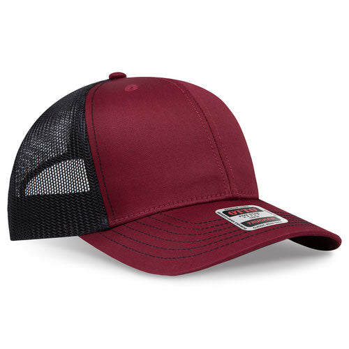 Burgundy maroon crown and visor with black mesh back trucker hat on a solid white background.