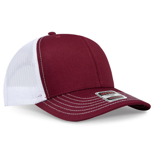 Burgundy maroon crown and visor with white mesh back trucker hat on a solid white background.