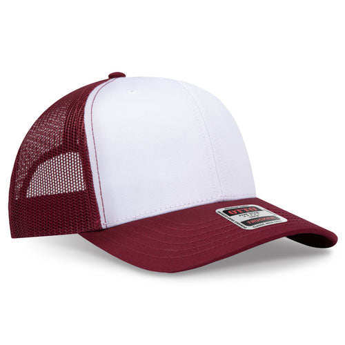Burgundy maroon and white mesh trucker hat on a solid white background.