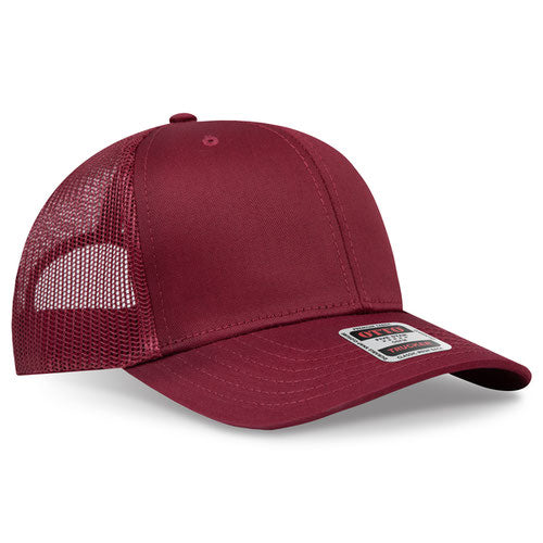 Burgundy maroon mesh trucker hat on a solid white background.