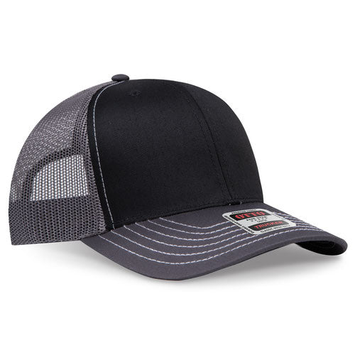 Charcoal gray and black mesh trucker hat on a solid white background.
