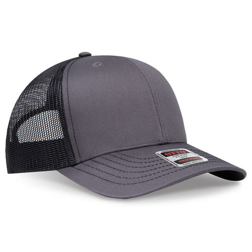 Charcoal gray crown and visor with black mesh back trucker hat on a solid white background.