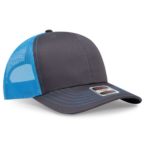 Charcoal gray crown and visor with neon blue mesh back trucker hat on a solid white background.