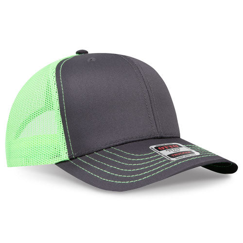 Charcoal gray crown and visor with neon green mesh back trucker hat on a solid white background.