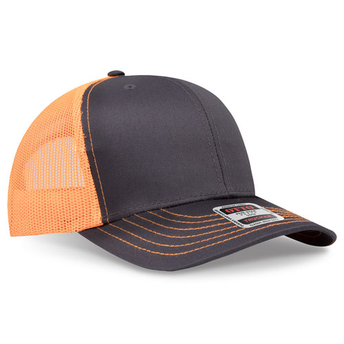 Charcoal gray crown and visor with neon orange mesh back trucker hat on a solid white background.