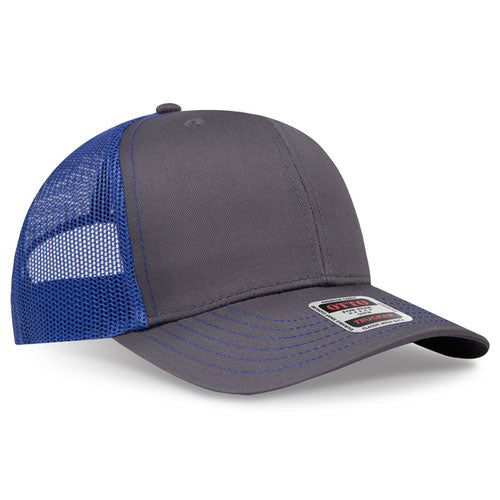 Charcoal gray crown and visor with royal blue mesh back trucker hat on a solid white background.