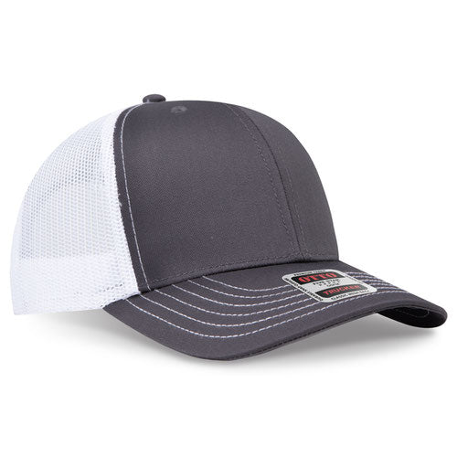 Charcoal gray crown and visor with white mesh back trucker hat on a solid white background.