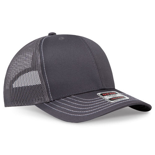 Charcoal gray mesh trucker hat with contrast stitching on a solid white background.