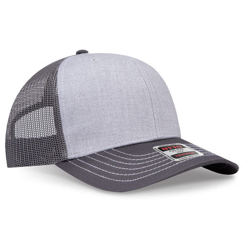 Charcoal gray and heather gray mesh trucker hat on a solid white background.