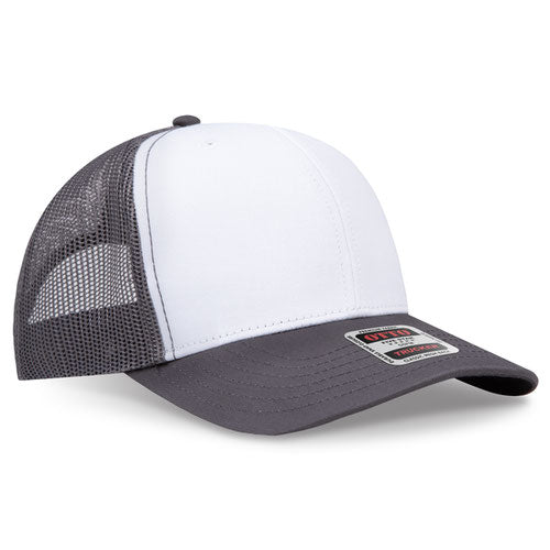 Charcoal gray and white mesh trucker hat on a solid white background.