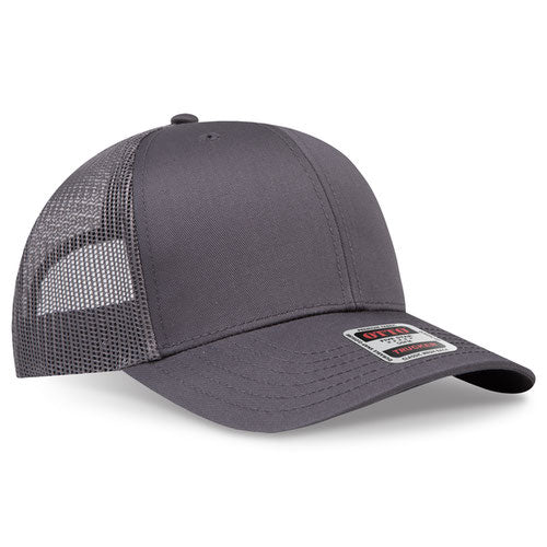 Charcoal gray mesh trucker hat on a solid white background.