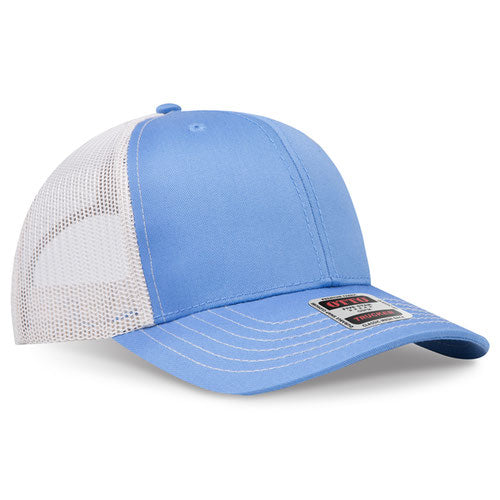Columbia blue crown and visor with stone gray mesh back trucker hat on a solid white background.