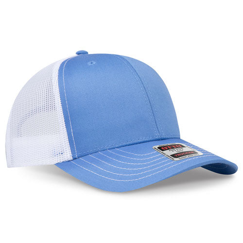 Columbia blue crown and visor with white mesh back trucker hat on a solid white background.