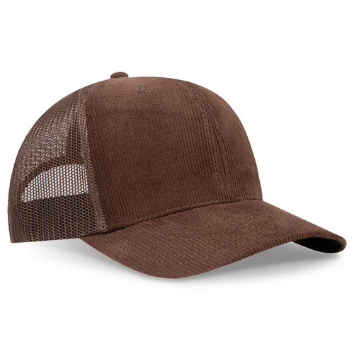 Brown corduroy mesh trucker hat on a solid white background.