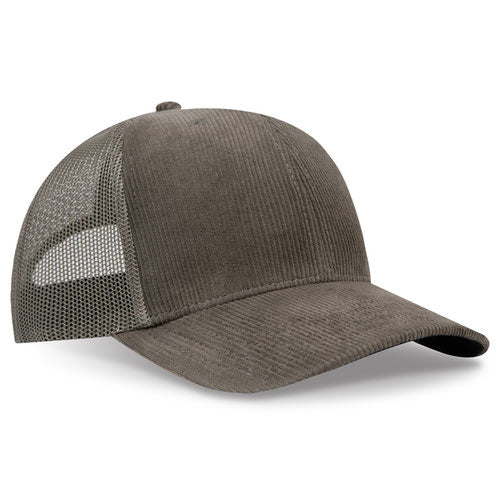 Dark olive green corduroy mesh trucker hat on a solid white background.