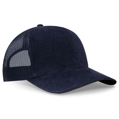 Navy blue corduroy mesh trucker hat on a solid white background.
