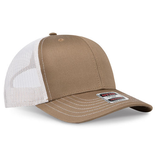 Coyote brown crown and visor with light khaki mesh back trucker hat on a solid white background.