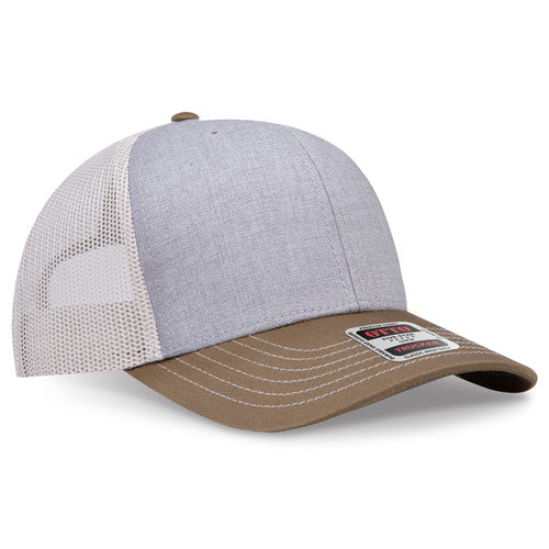 Coyote brown, heather gray, and light khaki mesh trucker hat on a solid white background.