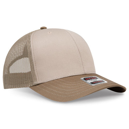 Coyote brown and khaki mesh trucker hat on a solid white background.