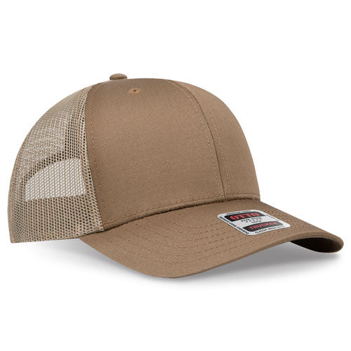 Coyote brown mesh trucker hat on a solid white background.