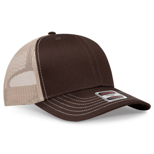 Dark brown crown and visor with khaki mesh back trucker hat on a solid white background.