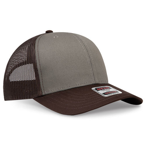 Dark brown and olive green mesh trucker hat on a solid white background.
