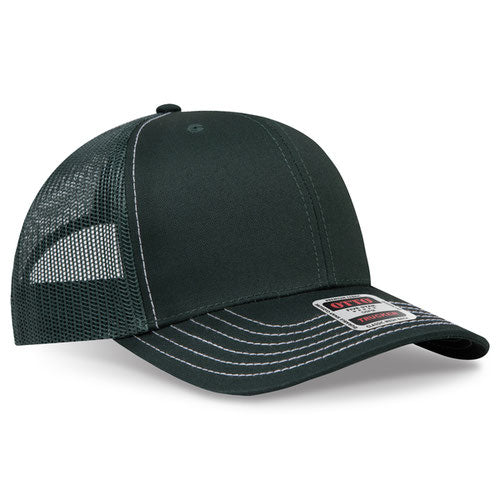 Dark green mesh trucker hat with contrast stitching on a solid white background.