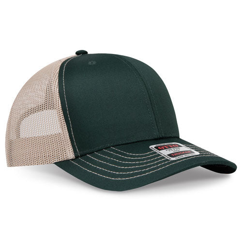 Dark green crown and visor with khaki mesh back trucker hat on a solid white background.