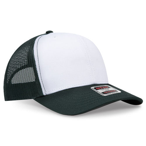 Dark green and white mesh trucker hat on a solid white background.