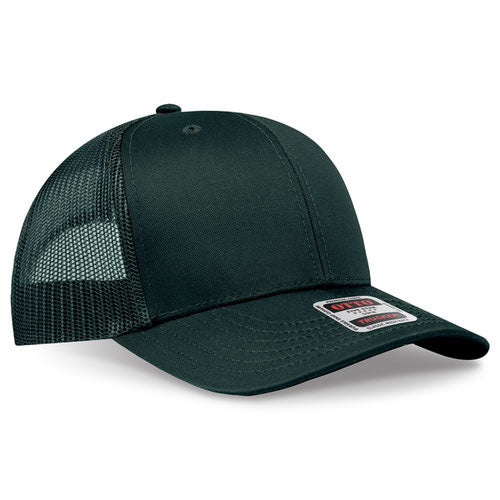 Dark green mesh trucker hat on a solid white background.