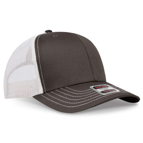 Dark olive green crown and visor with light khaki mesh back trucker hat on a solid white background.