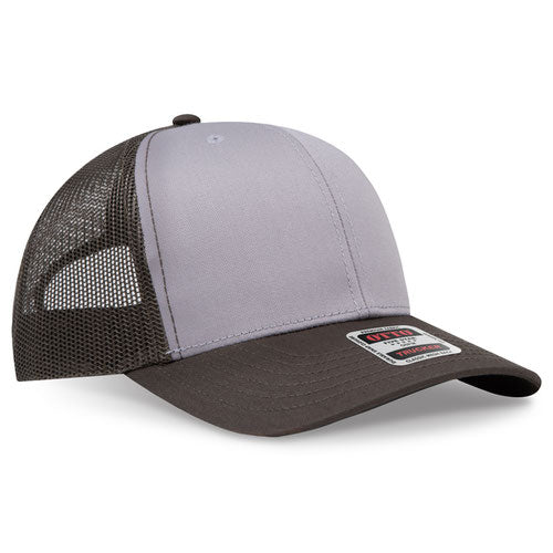 Dark olive green and gray mesh trucker hat on a solid white background.