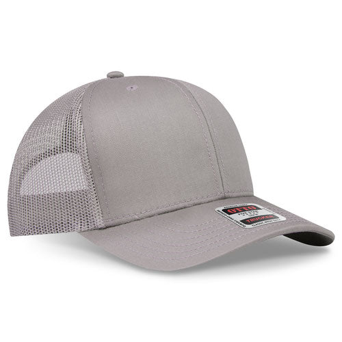 Gray mesh trucker hat on a solid white background.