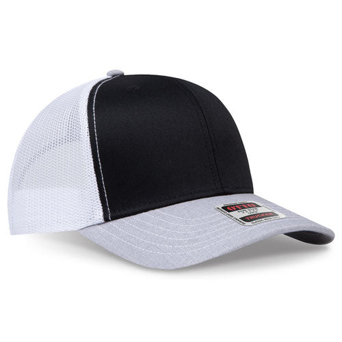 Heather gray, black, and white mesh trucker hat on a solid white background.