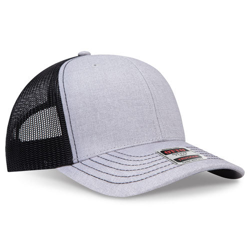 Heather gray crown and visor with black mesh back trucker hat on a solid white background.