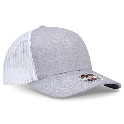 Heather gray crown and visor with white mesh back trucker hat on a solid white background.