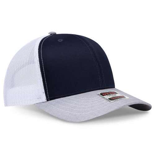 Heather gray, navy blue, and white mesh trucker hat on a solid white background.