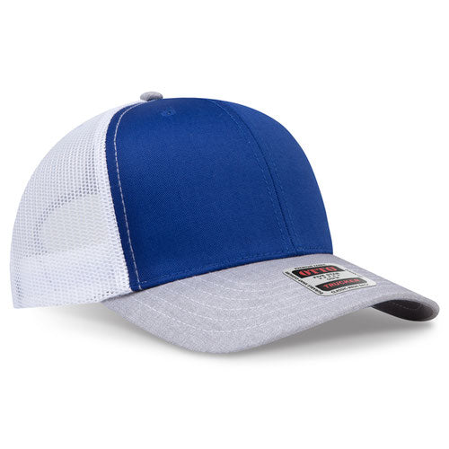Heather gray, royal blue, and white mesh trucker hat on a solid white background.