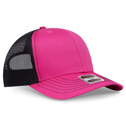 Hot pink crown and visor with black mesh back trucker hat on a solid white background.