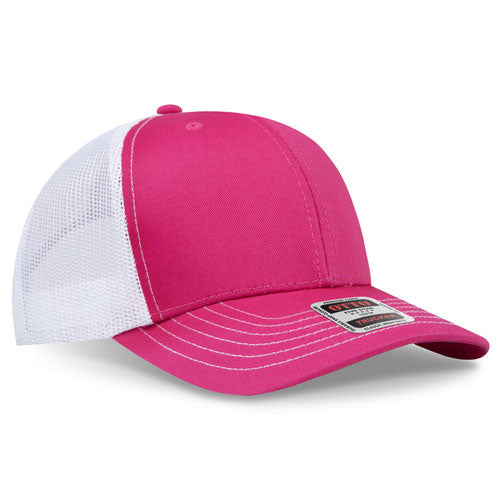 Hot pink crown and visor with white mesh back trucker hat on a solid white background.