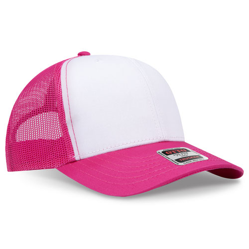 Hot pink and white mesh trucker hat on a solid white background.