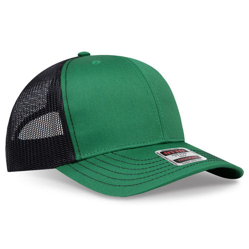 Kelly green crown and visor with black mesh back trucker hat on a solid white background.