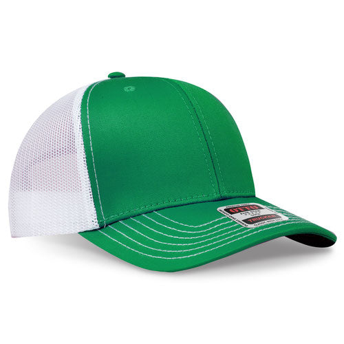 Kelly green crown and visor with white mesh back trucker hat on a solid white background.