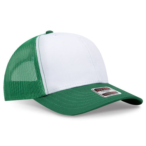 Kelly green and white mesh trucker hat on a solid white background.