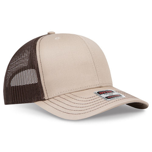 Khaki crown and visor with dark brown mesh back trucker hat on a solid white background.