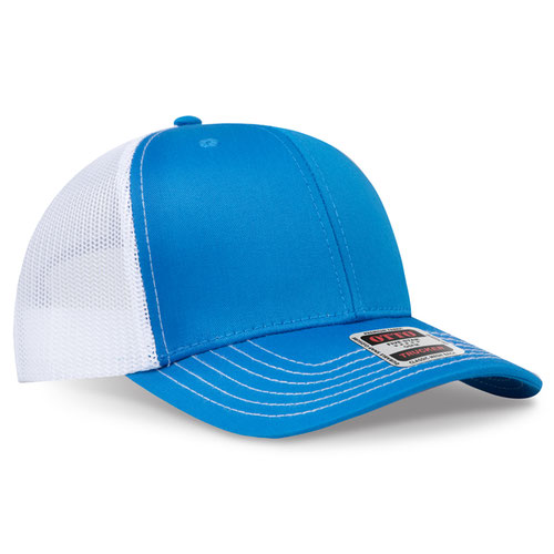 Lake blue crown and visor with white mesh back trucker hat on a solid white background.