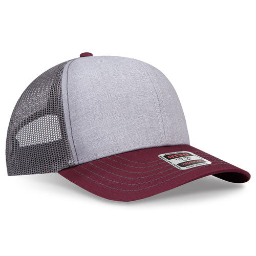 Maroon, heather gray, and charcoal gray mesh trucker hat on a solid white background.