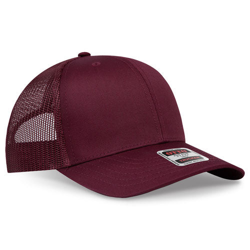 Maroon mesh trucker hat on a solid white background.